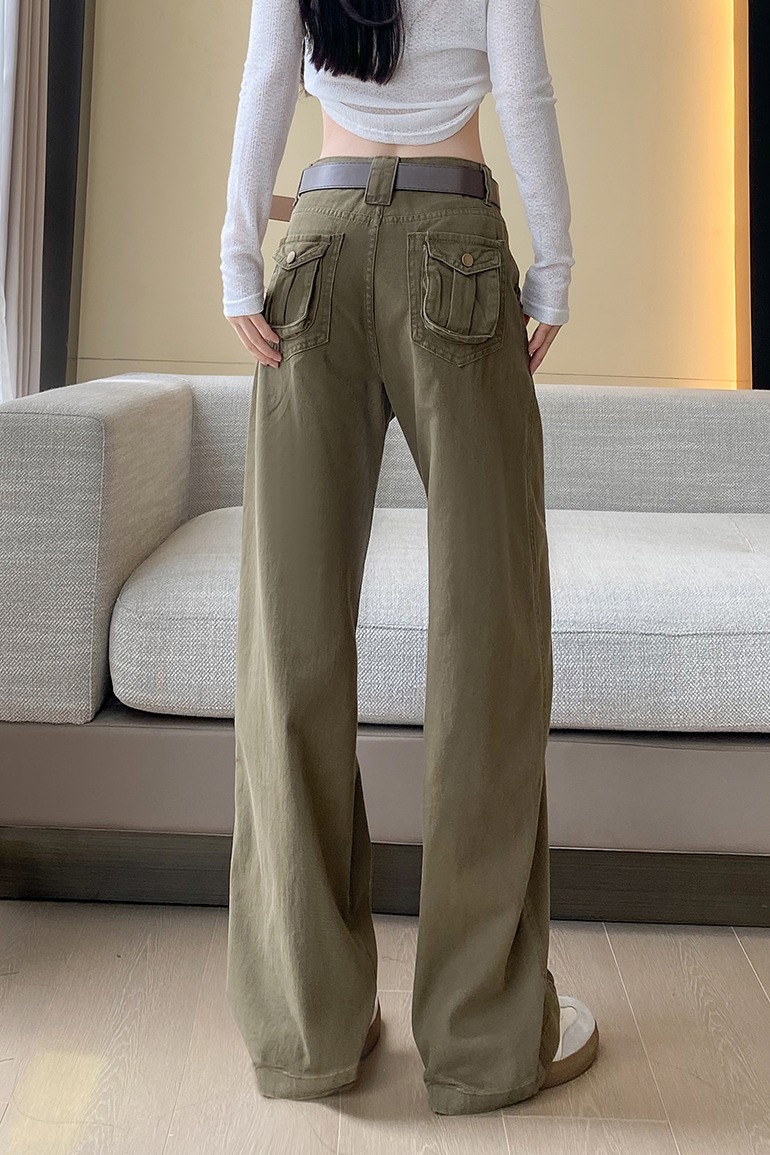 實拍 早秋立體口袋工裝褲高腰休閑顯瘦洗水牛仔褲軍綠闊腿褲