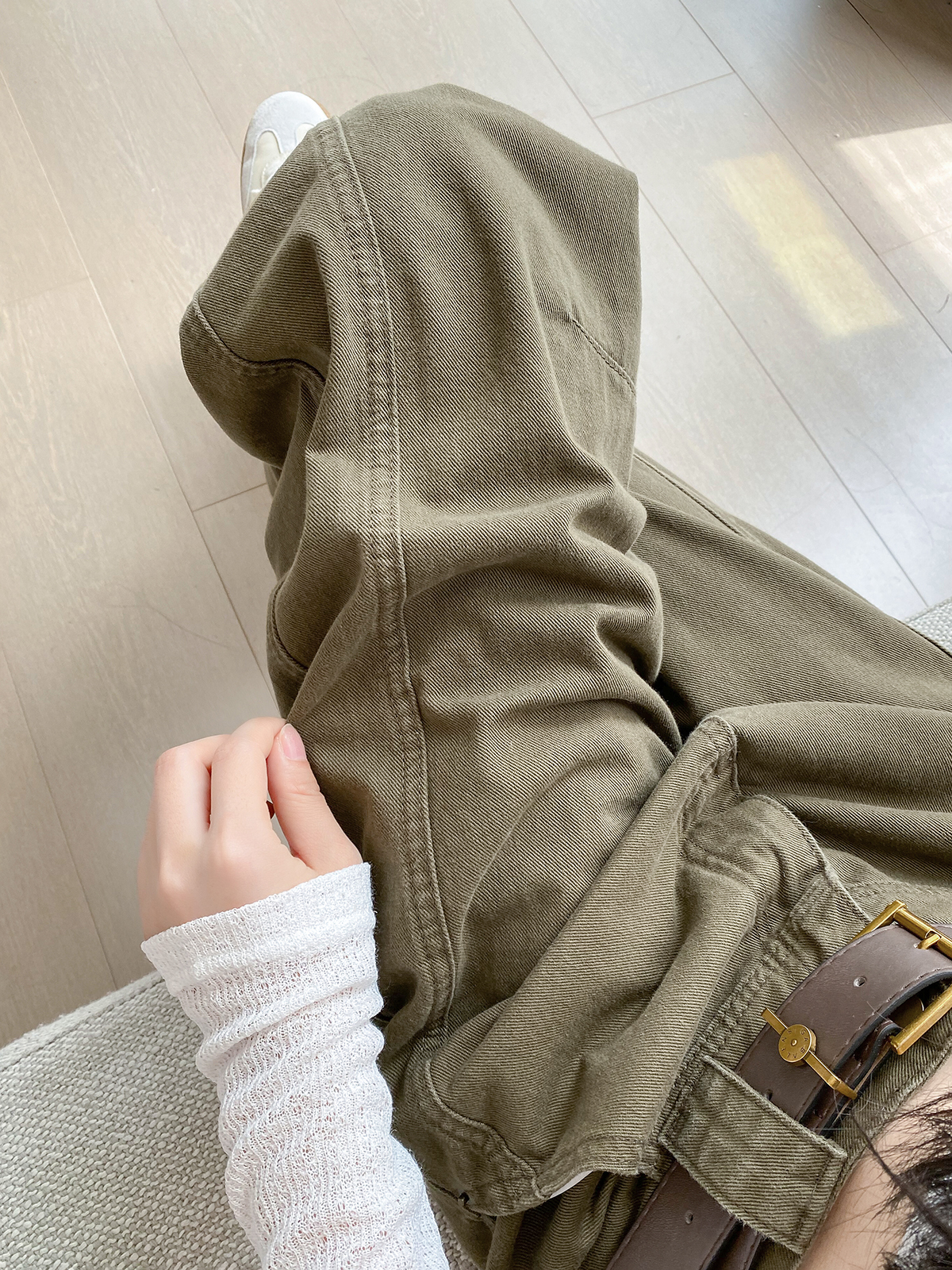 實拍 早秋立體口袋工裝褲高腰休閑顯瘦洗水牛仔褲軍綠闊腿褲