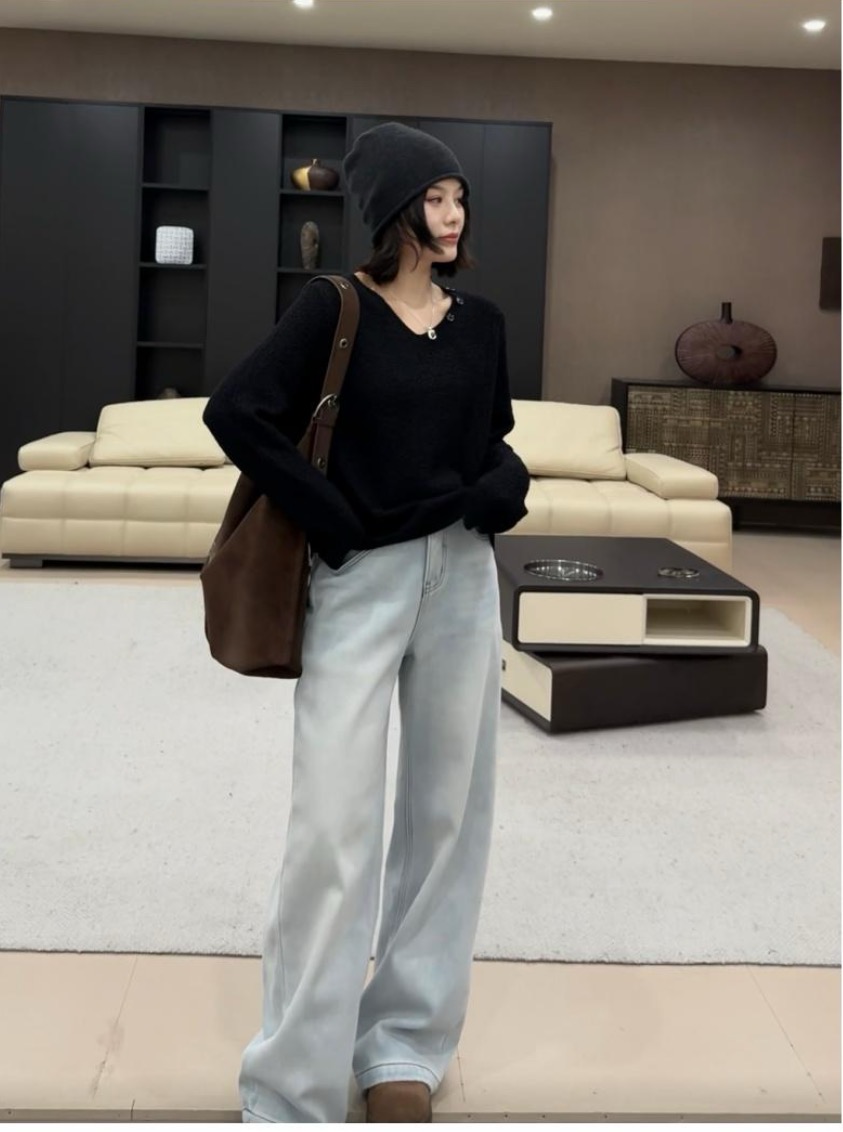 白月光彈力直筒牛仔褲 高腰寬松休閑闊腿褲