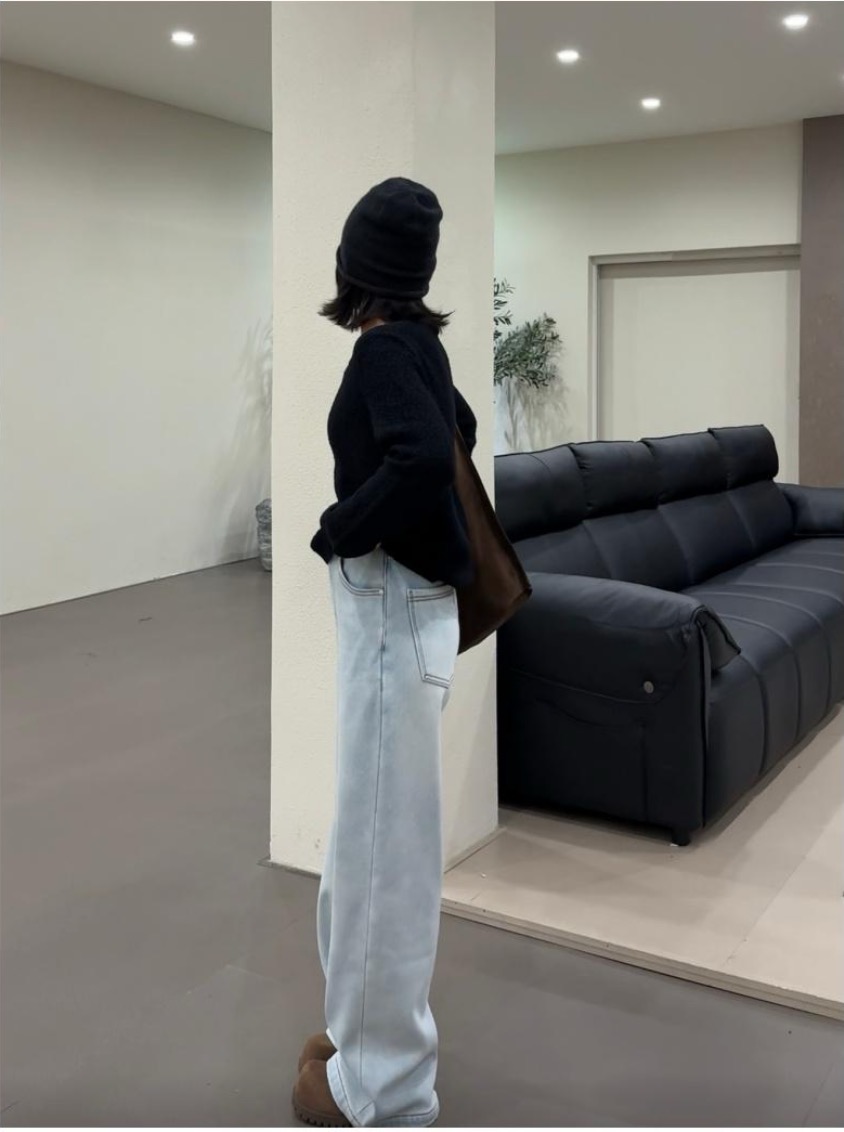 白月光彈力直筒牛仔褲 高腰寬松休閑闊腿褲
