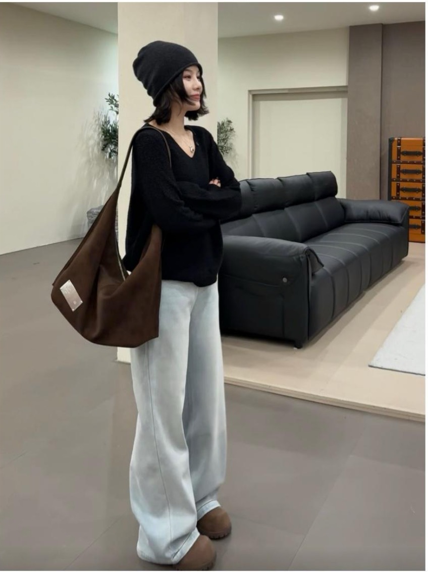 白月光彈力直筒牛仔褲 高腰寬松休閑闊腿褲
