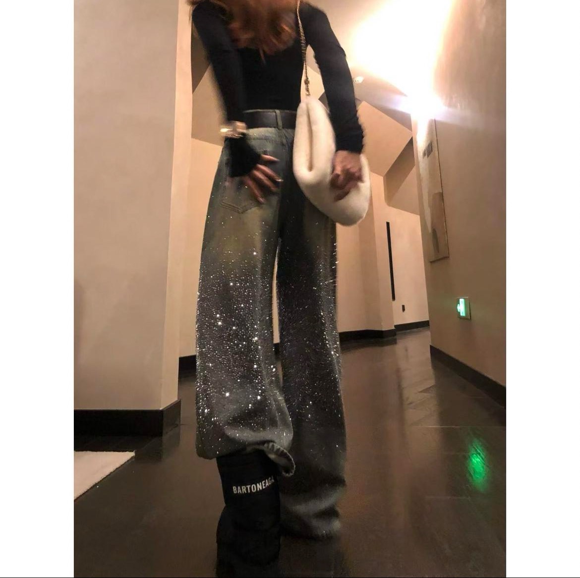 秋冬加絨細閃鉆時尚百搭設計牛仔褲 高腰寬松闊腿褲