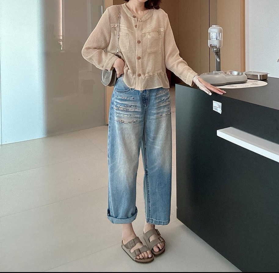 彩豆設計水洗高腰寬松顯瘦牛仔褲 春夏季淺色九分褲