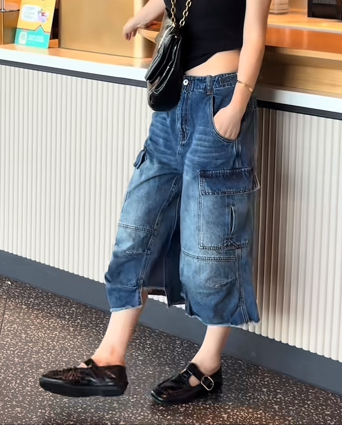 丑萌工裝褲 夏季多口袋工裝中褲 寬松休閑七分褲