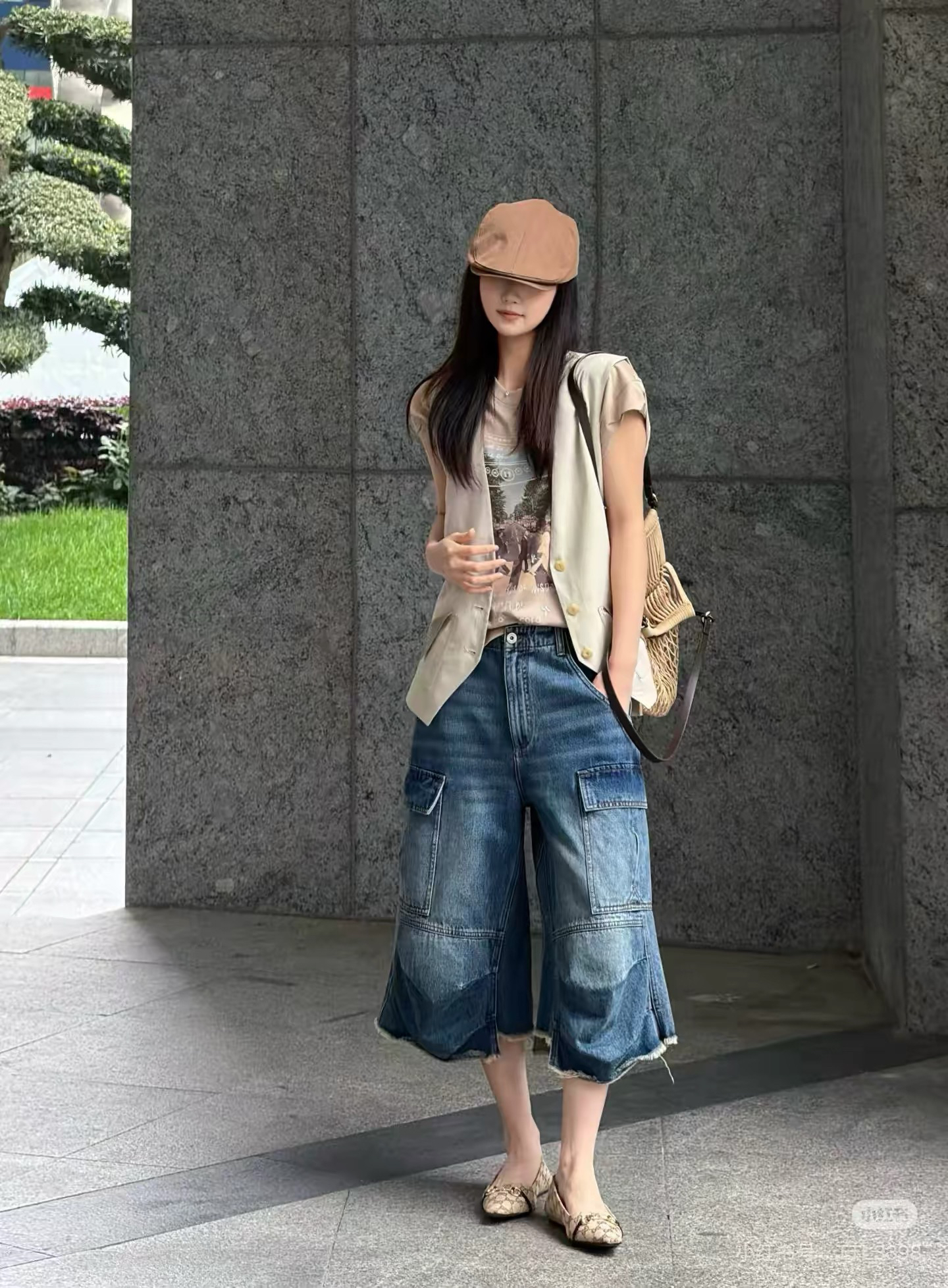 丑萌工裝褲 夏季多口袋工裝中褲 寬松休閑七分褲