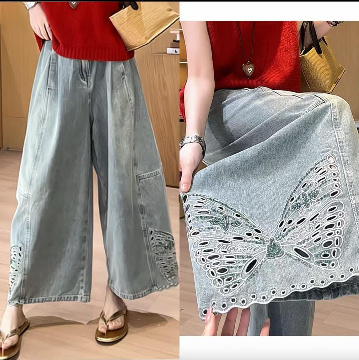 蝴蝶鏤空刺繡 重工手工穿珠九分牛仔褲 寬松版薄款牛仔