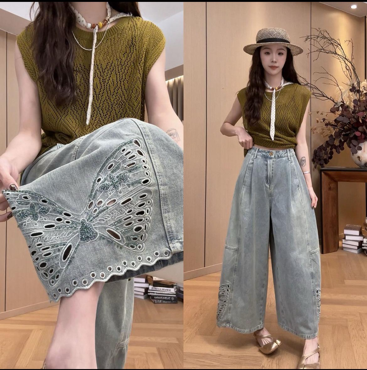 蝴蝶鏤空刺繡 重工手工穿珠九分牛仔褲 寬松版薄款牛仔