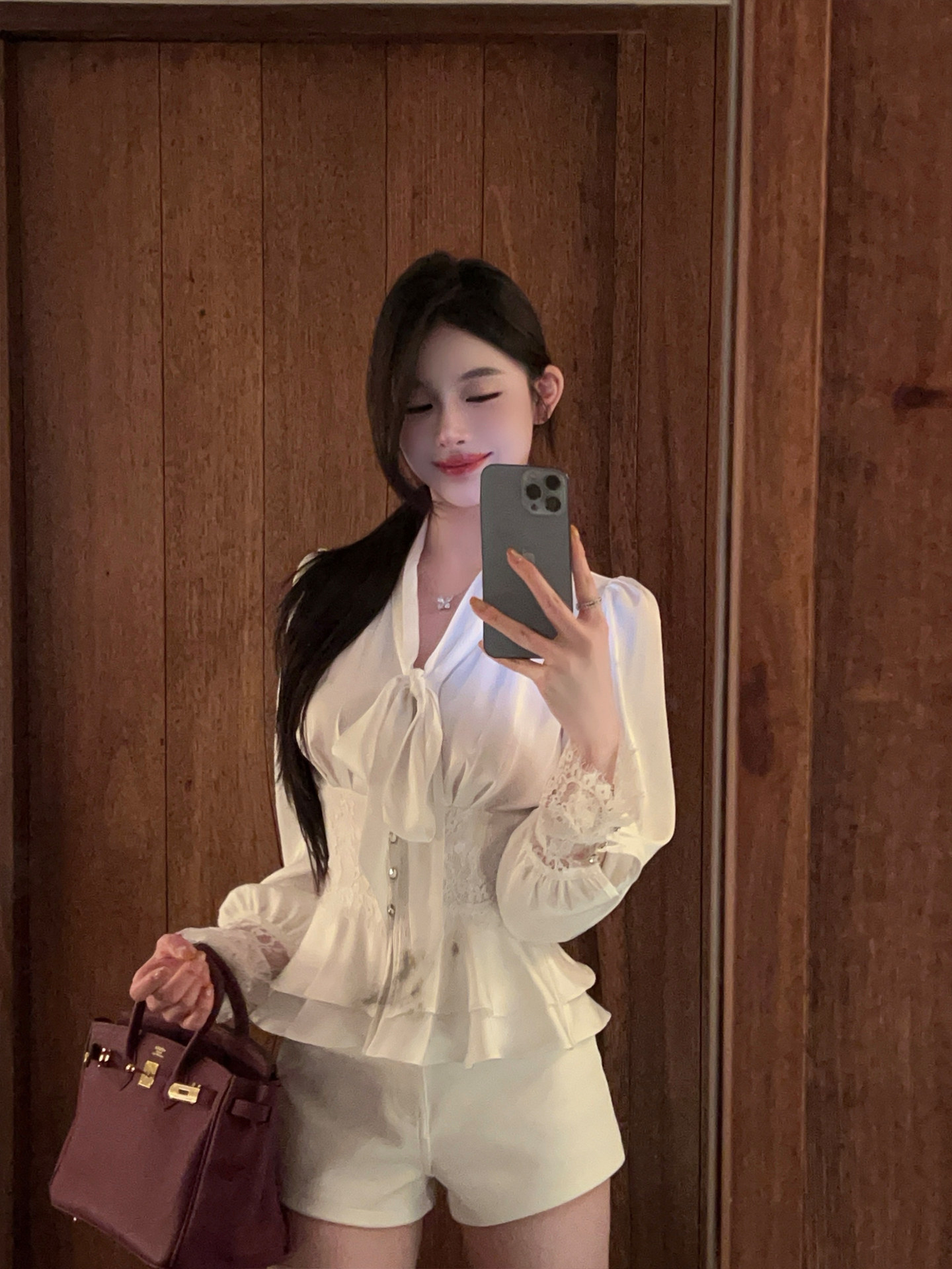 MY16183# FairyJiang新款蕾丝花边系带白色醋酸缎面衬衫女冬高级感收腰衬衣女裝貨源服裝批發