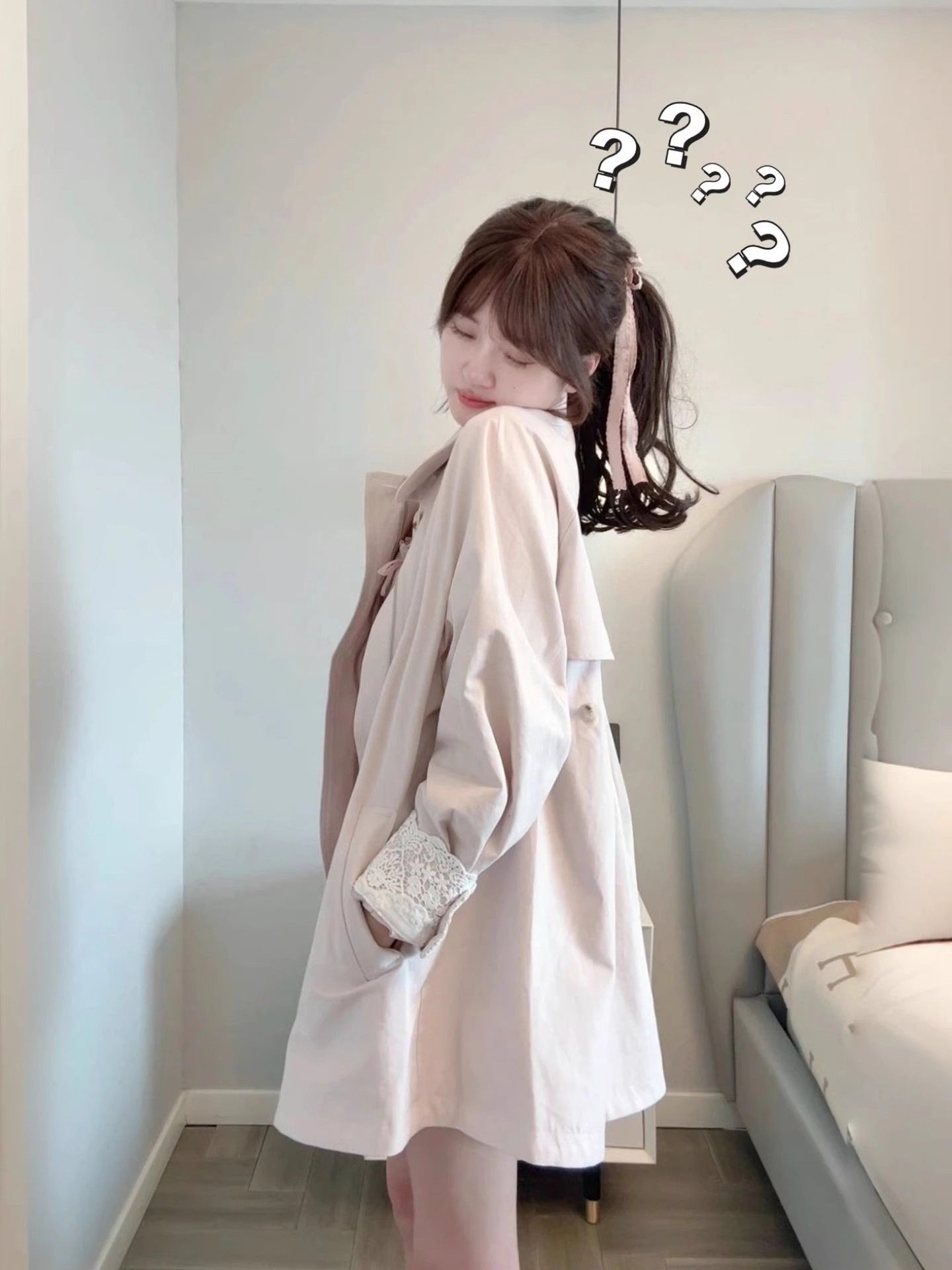 MY14938# 韩系中长款粉色风衣外套英伦风设计感小众蕾丝拼接斗篷开衫女...