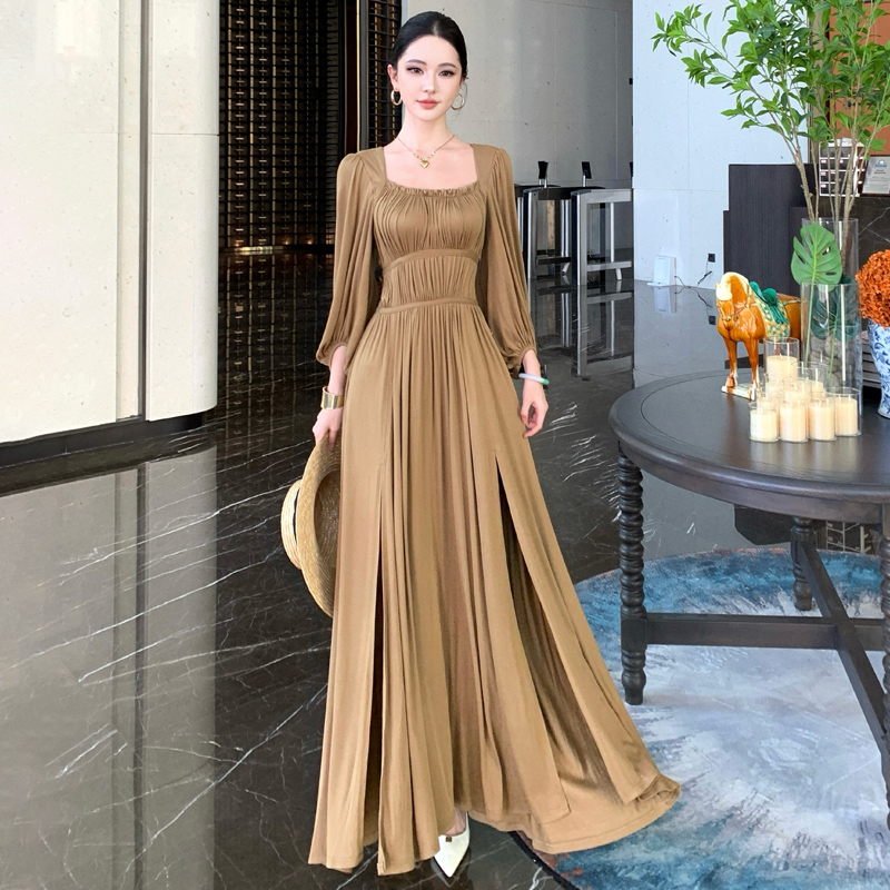 MY14255# 灯笼袖方领针织连衣裙收腰褶皱侧开叉长裙女裝貨源服裝批發