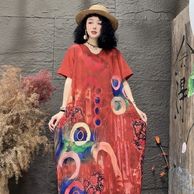 RY1696# 欧美跨境女装2026新款棉麻印花连衣裙女宽松大码休闲高端萱...