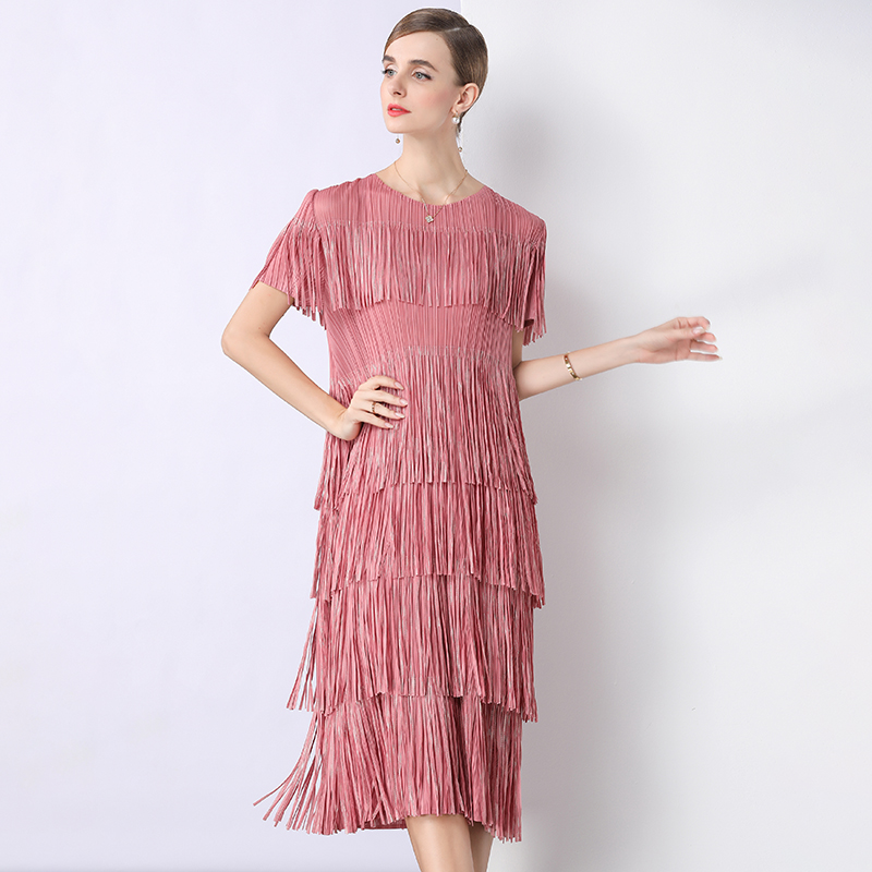 RY1920# 三宅2025外贸烫金流苏蛋糕裙欧美短袖秋季新款优雅宽松褶皱...