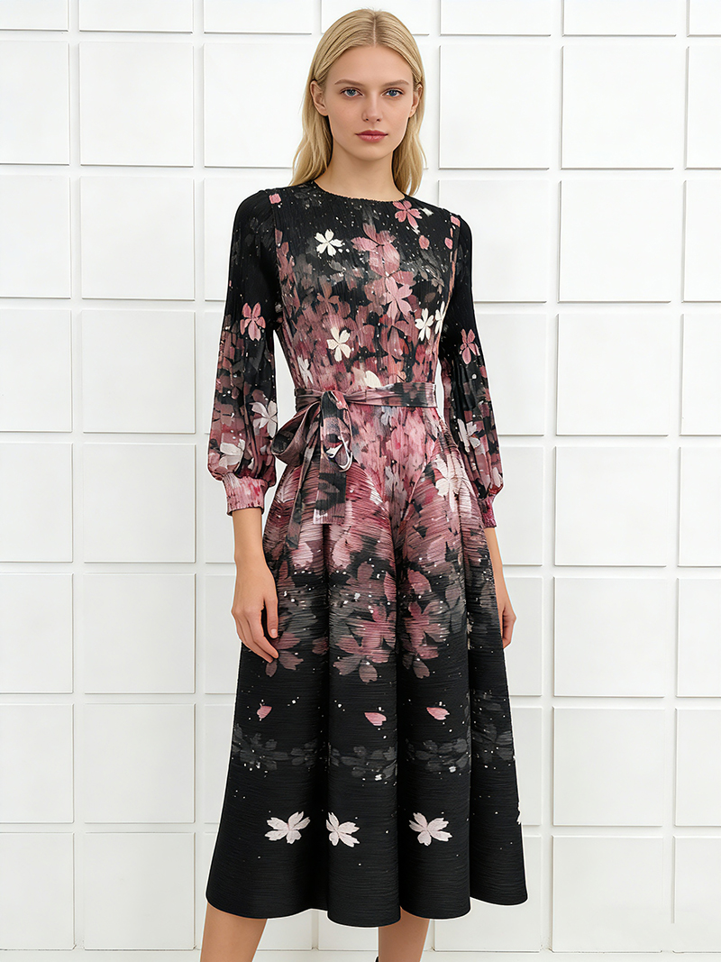 RY1919# 三宅温柔风法式外贸褶皱花苞裙八片裙优雅绑带收腰显瘦印花连衣...