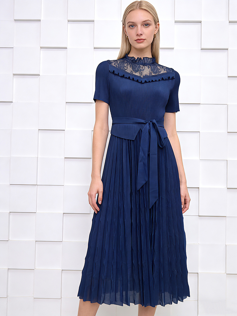 RY1921# 三宅外贸蕾丝拼接腰带收腰显瘦褶皱连衣裙百褶裙mm装简约大码...