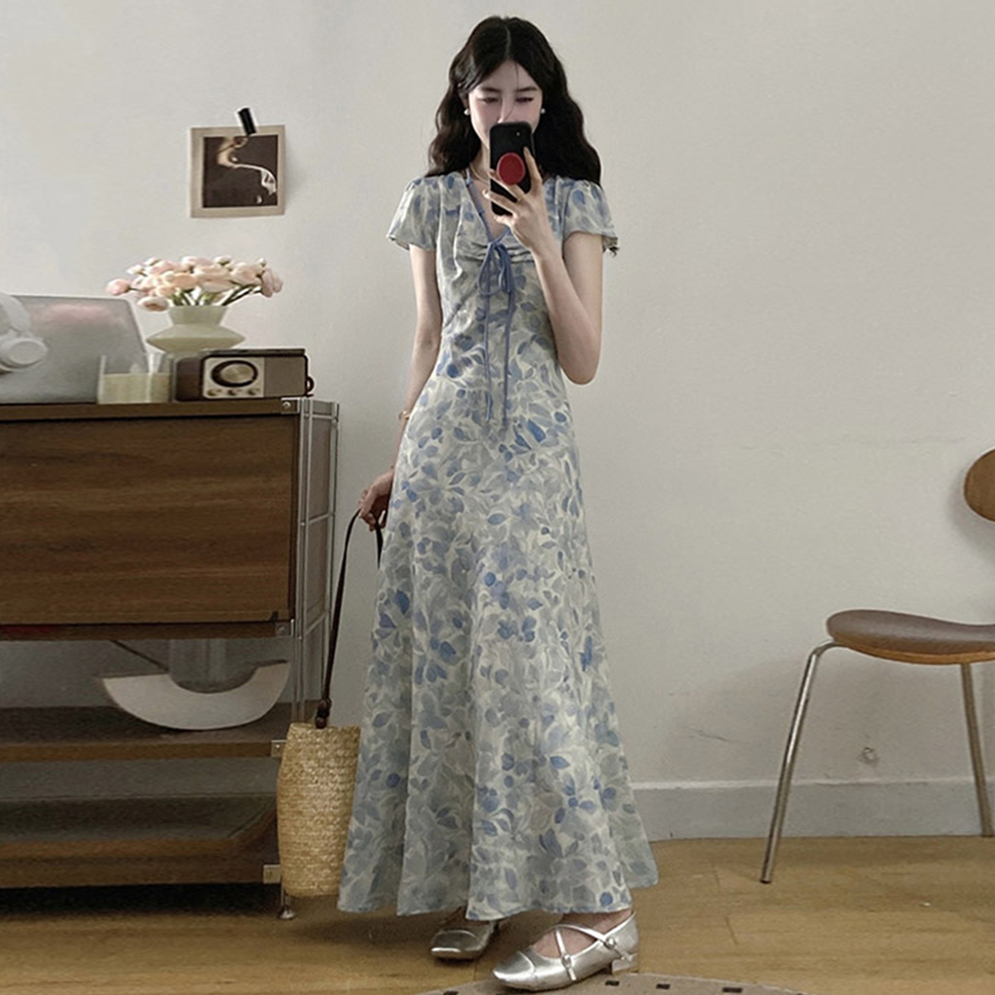 MY12619# 新中式国风蓝色碎花连衣裙子女夏季2025新款气质绝美漂亮收腰长裙