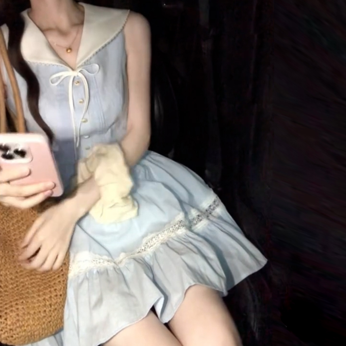 MY12615# 学院风蓝色条纹衬衫连衣裙子女夏季2025新款气质收腰显瘦无袖短裙