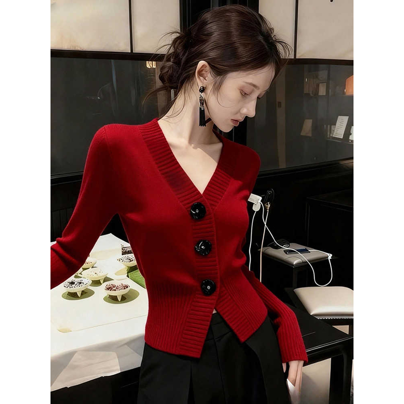MY14952# 红色V领短款收腰针织上衣新款早秋法式高级感外穿长袖开衫女...