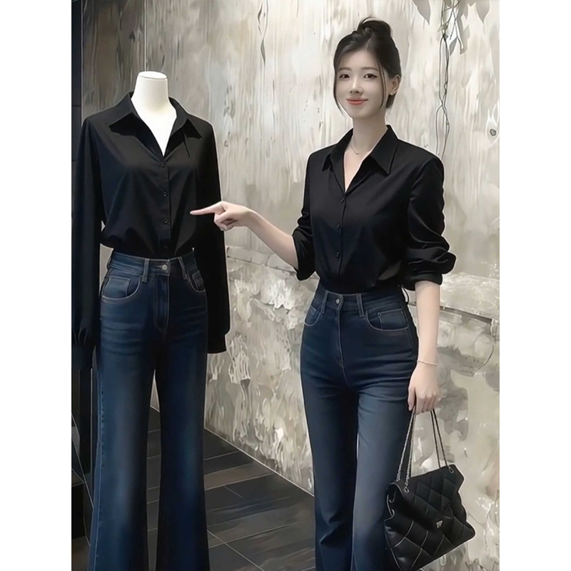 MY14951# 赵露思许妍明星同款黑色翻领衬衫衬衣港风巨好看上衣女裝貨源...