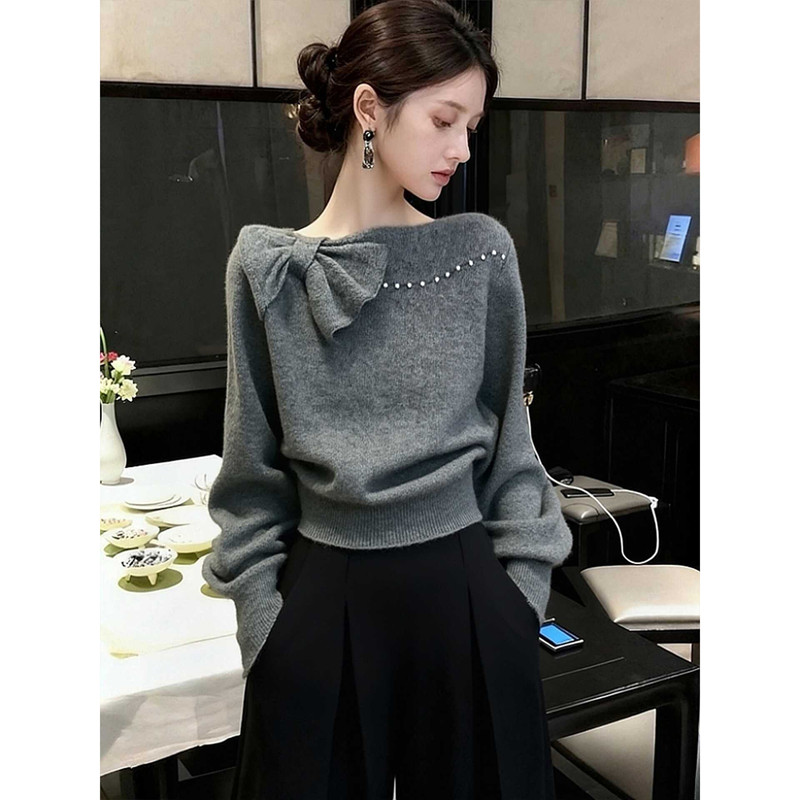 MY14950# 法式名媛风端灰色蝴蝶结毛衣新款秋冬高级感内搭针织衫上衣女...