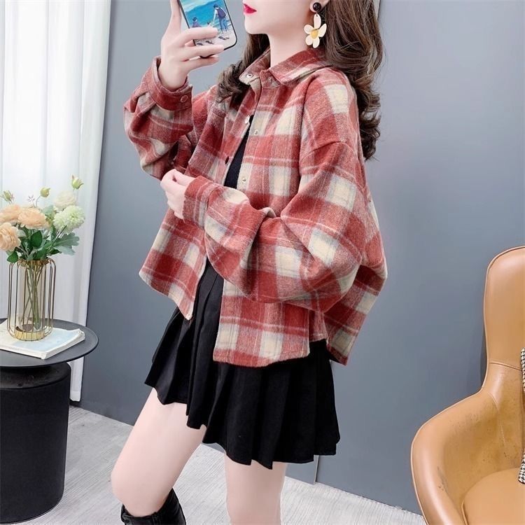 MY15883# 复古红色格子衬衫短款外套女春秋设计感通勤叠穿衬衣长袖上衣气质女裝貨源服裝批發