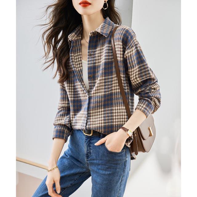 MY15884# 新款宽松撞色格子长袖翻领衬衫女复古磨毛外套女裝貨源服裝批發
