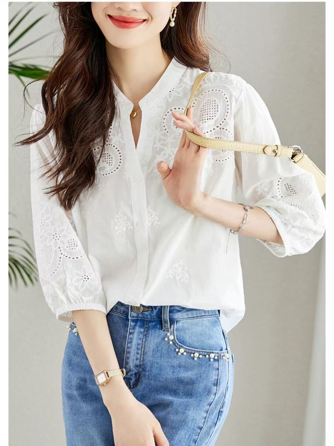 MY15882# 白色七分衬衫镂空夏季新款上衣刺绣显瘦时尚设计衬衣宽松女裝貨源服裝批發