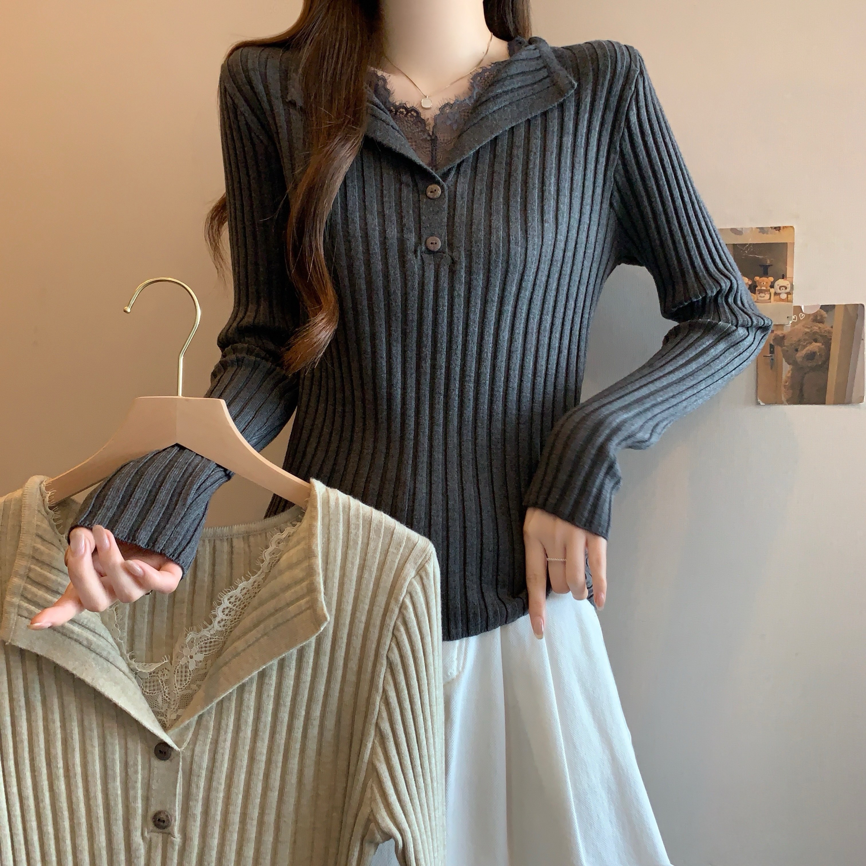 MY15983# 高级感蕾丝拼接纯欲风针织打底衫女胖MM显瘦内搭上衣女裝貨...