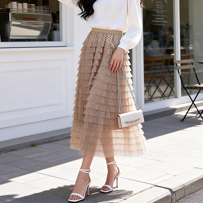 MY16305# 法式小众设计感浪漫多层波点蛋糕裙高腰网纱长裙女裝貨源服裝...