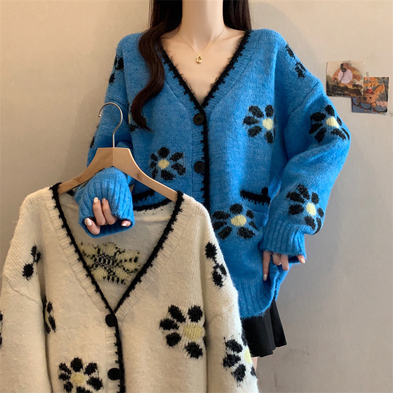 MY14439# 高级感太阳花针织衫女秋冬厚款慵懒风高级感显瘦毛衣开衫外套...