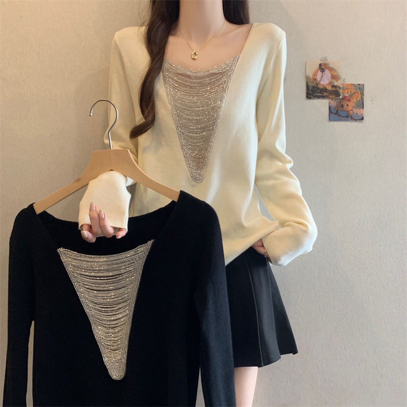 MY14442# 高级感珠条蕾丝拼接针织毛衣大码温柔风别致漂亮针织衫女裝貨...