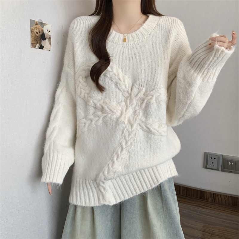 MY14441# 设计感大蝴蝶结正肩毛衣女冬胖MM慵懒风显瘦减龄别致上衣女...