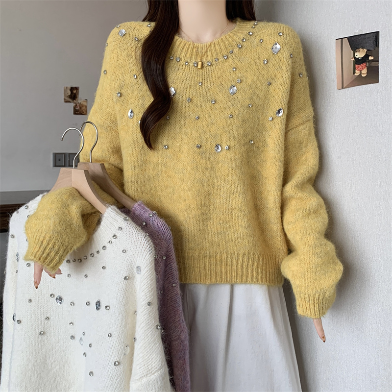 MY14438# 大码烫钻针织衫毛衣女款慵懒风休闲宽松显瘦巨好看毛衣女女裝...