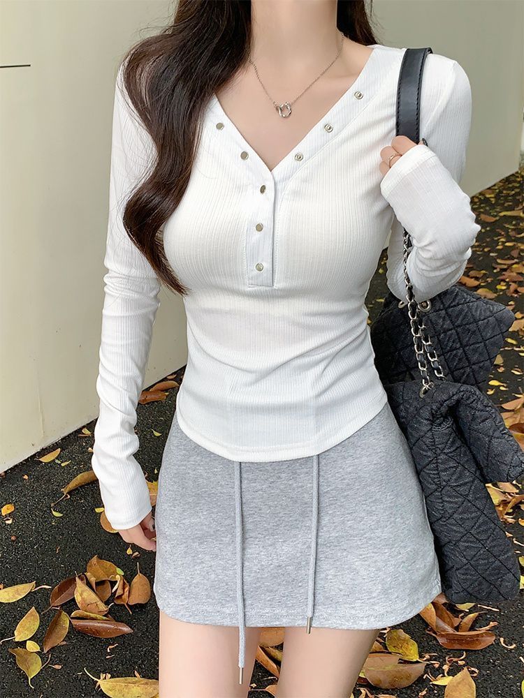 MY13639# 人棉莫代尔小众辣妹白色V领长袖t恤收腰显瘦上衣内搭女裝貨...