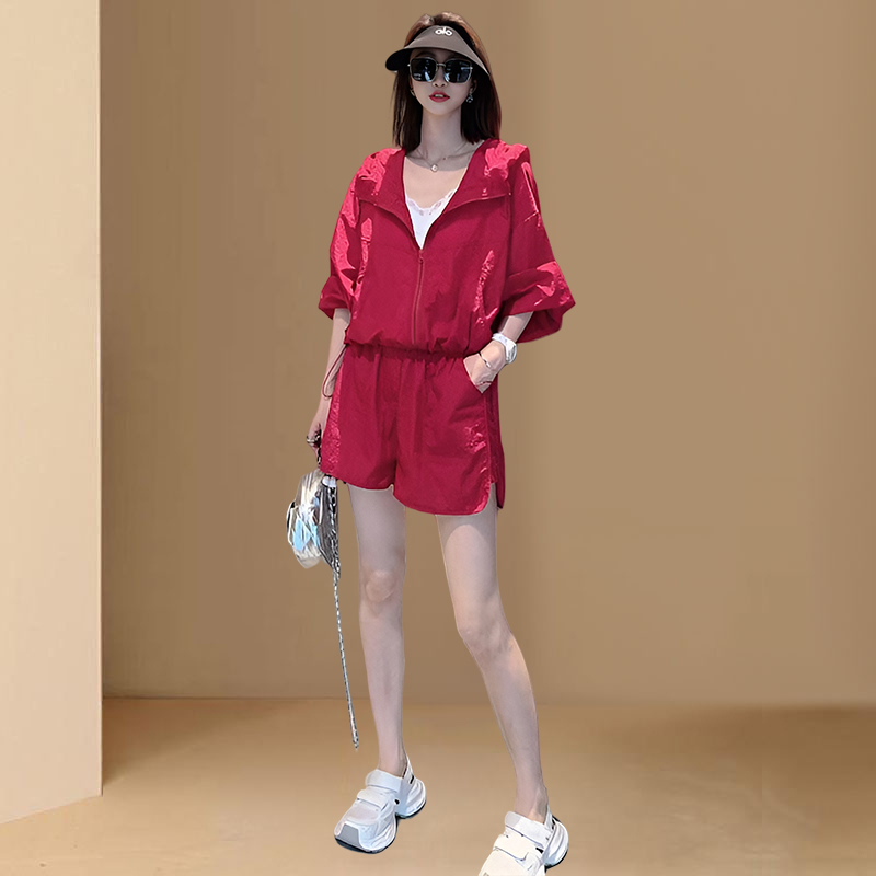 RY70077# 运动服套装女2026夏季新款小个子防晒连帽外套短裤两件套...