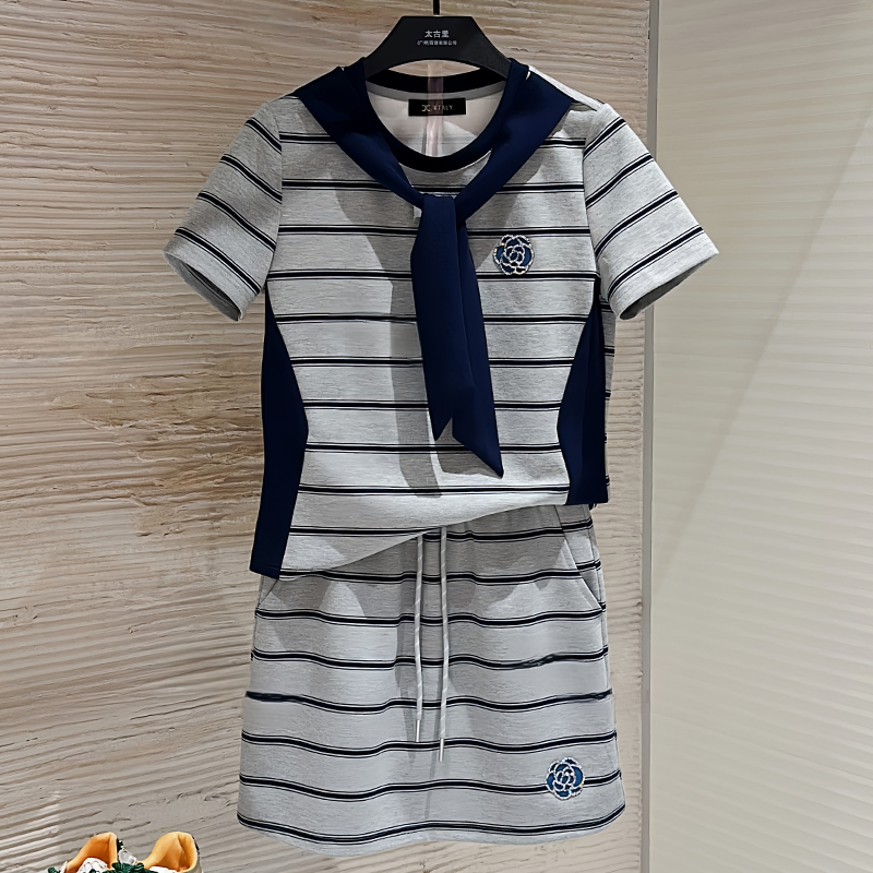 RY70067# 纯棉学院风时髦套装女2026夏季宽松显瘦条纹上衣短裙两件...