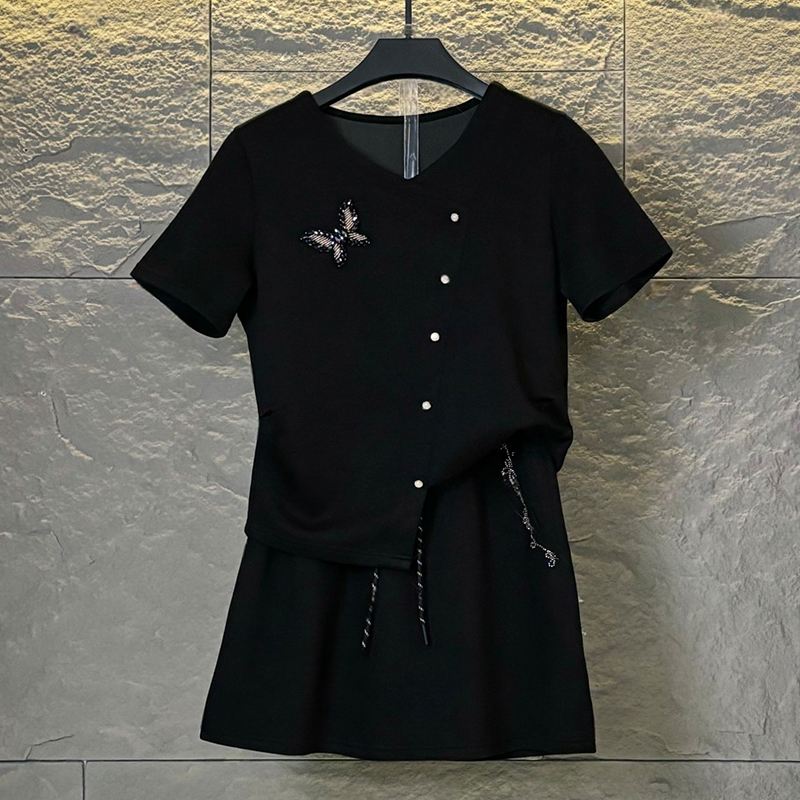 RY70072# 高含棉时尚设计感套装女2026夏季新款不规则短袖短裙两件...