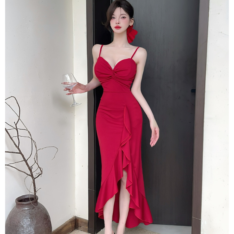 FA35281# 性感荷叶边吊带开叉长款连衣裙气质显瘦晚礼服 服裝批發女裝批發服飾貨源
