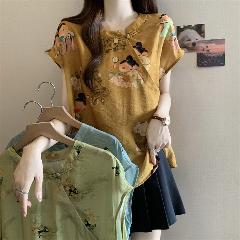 MY8997# 大码胖MM新款国风印花衬衫女新中式遮肉显瘦上衣女裝貨源服裝批發