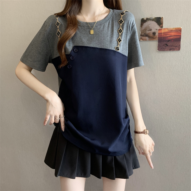 RY3195# 实拍~大码胖MM2026新款设计感假两件短袖T恤女显瘦不规则上衣