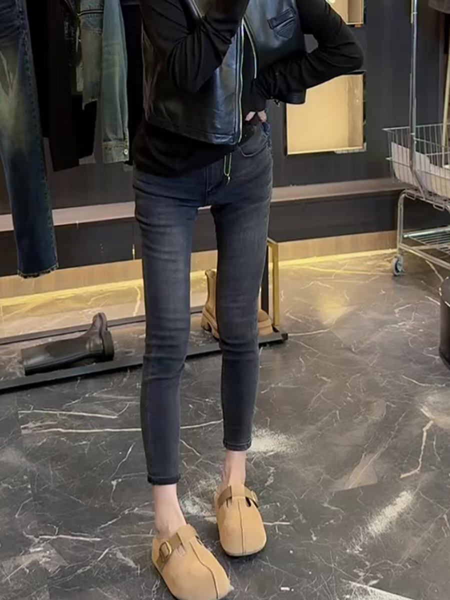 MY12874# 新款大码女装烟灰色修身小脚裤小个子梨形身材高腰显瘦牛仔裤女裝貨源服裝批發