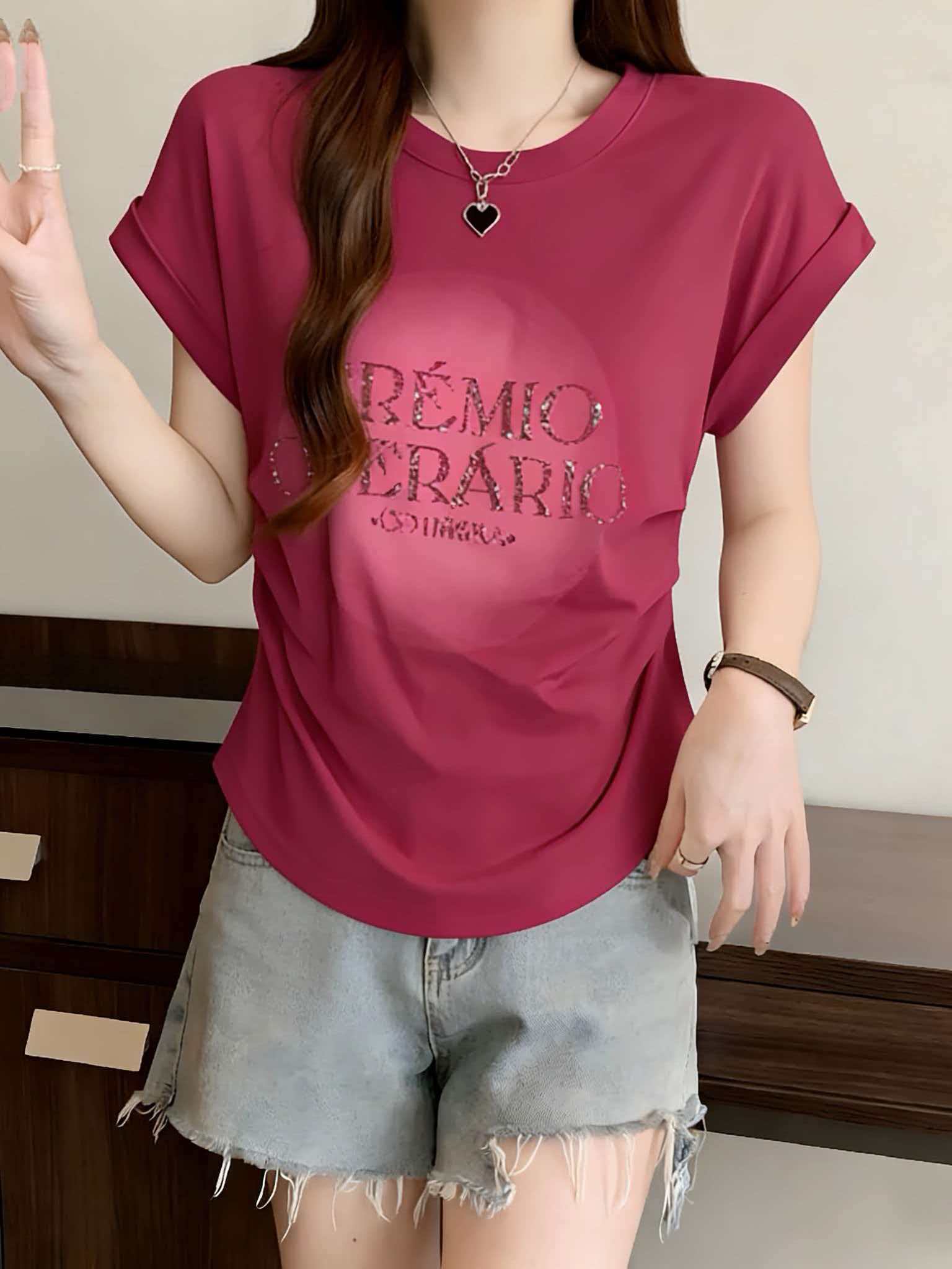 RY3263# 实拍大码新款黑色褶皱短袖T恤女夏季新款2026年微胖气质显瘦上衣