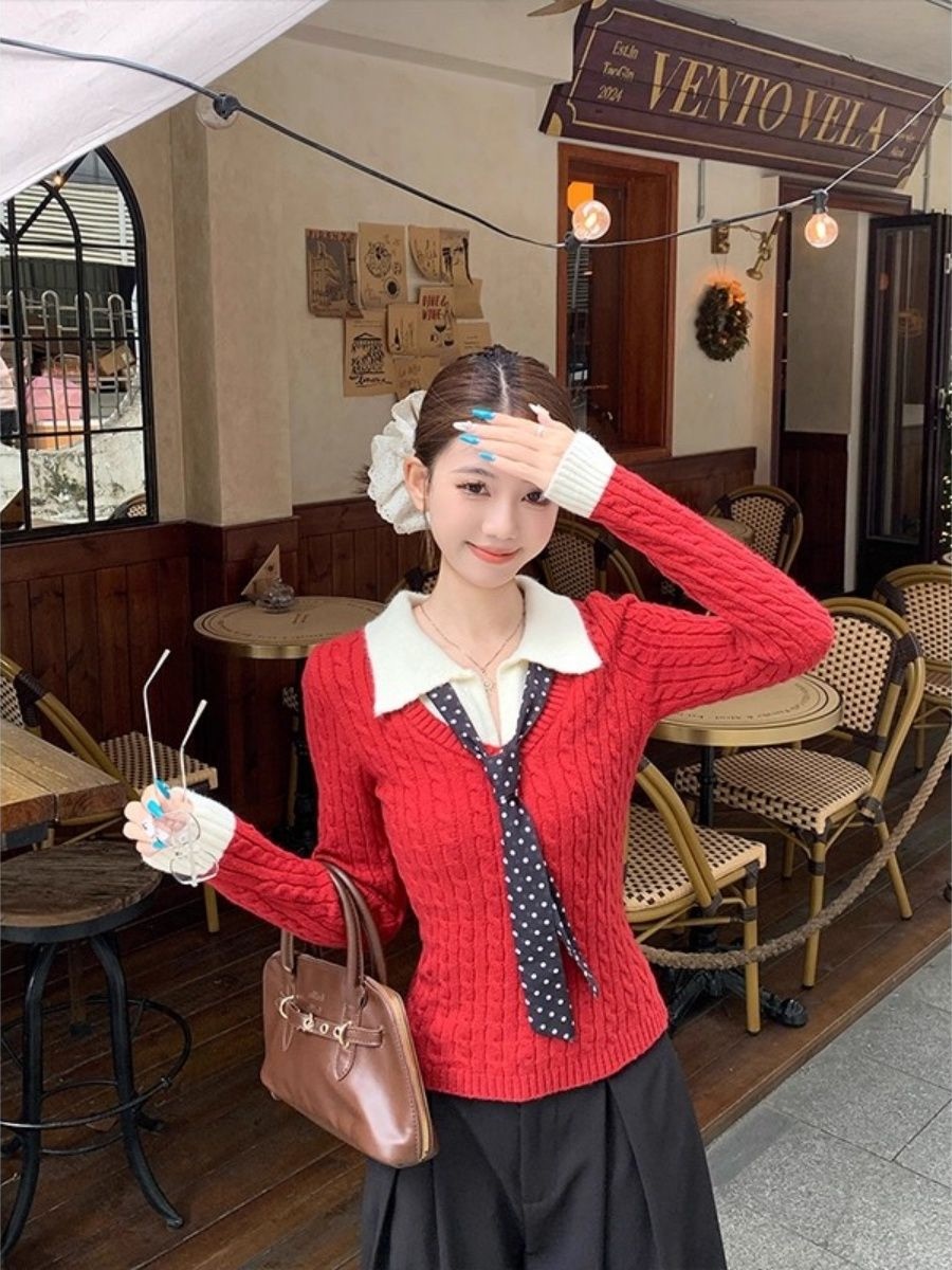 MY17493# 本命年新年红包心纱洗水设计感拼接假两件毛衣针织冬短款上衣女裝貨源服裝批發