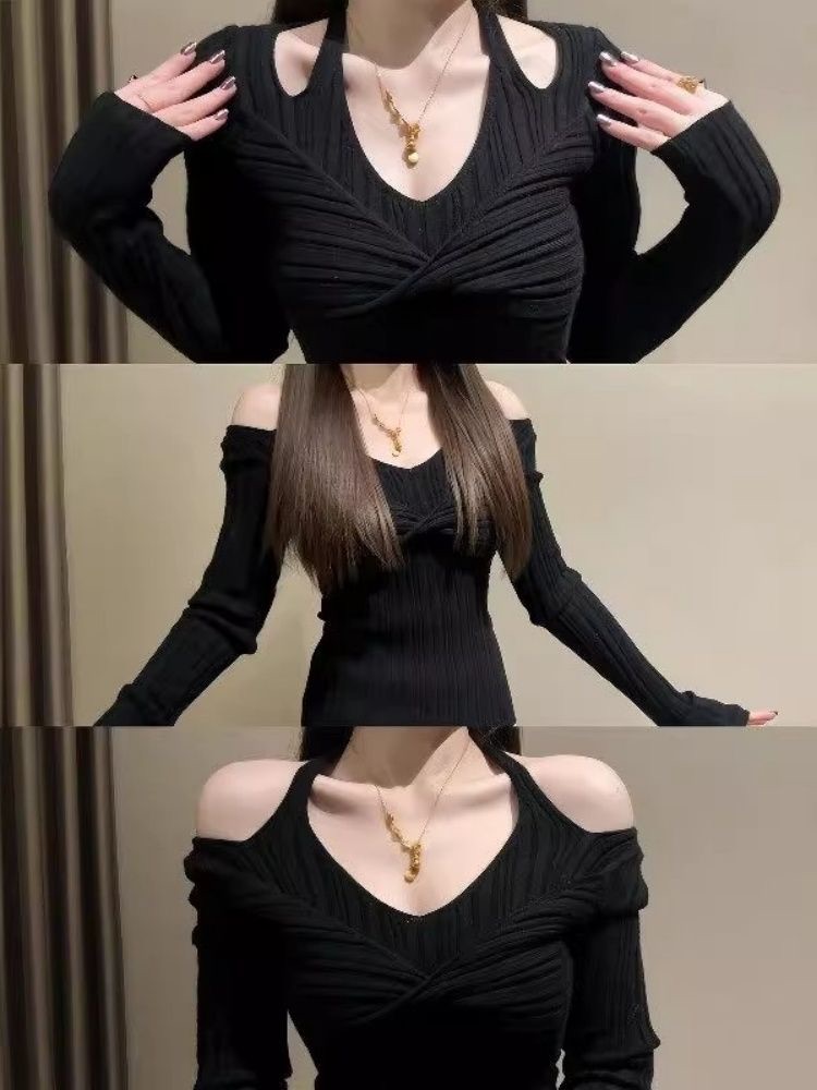 MY17491# 包芯纱洗水#纯欲风V领扭结挂脖针织衫女春季收腰假两件打底上衣女裝貨源服裝批發