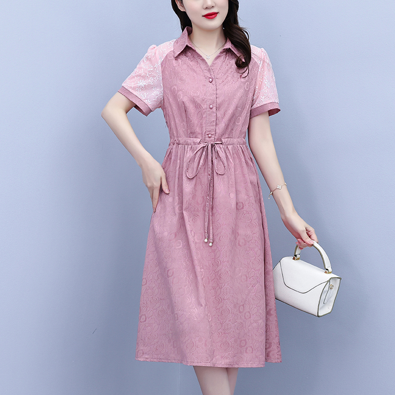 RY1478# 气质高级感衬衫领连衣裙女2026夏季新款妈妈时尚高端洋气短...