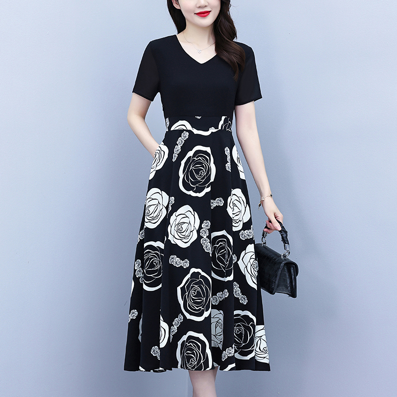 RY1474# 2026新款大码时尚拼接印花连衣裙女夏收腰遮肚子显瘦气质长...