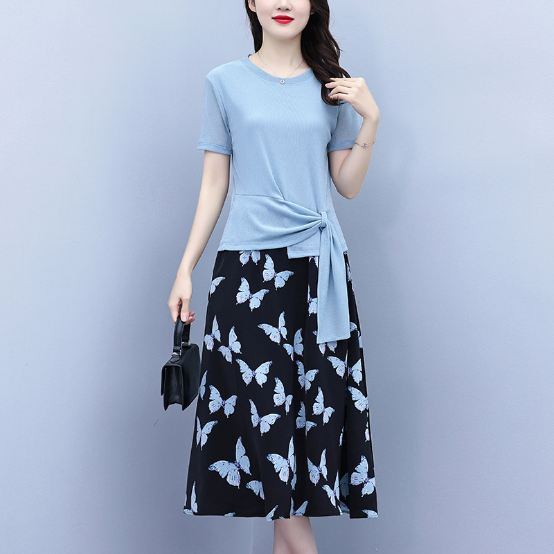 RY1472# 洋气妈妈夏装短袖套装连衣裙中老年女装时尚t恤小衫半身裙两件...