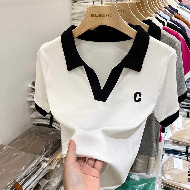 RY1454# 棉95氨纶5夏季新款翻领撞色刺绣字母T恤上衣女时尚设计拼接...