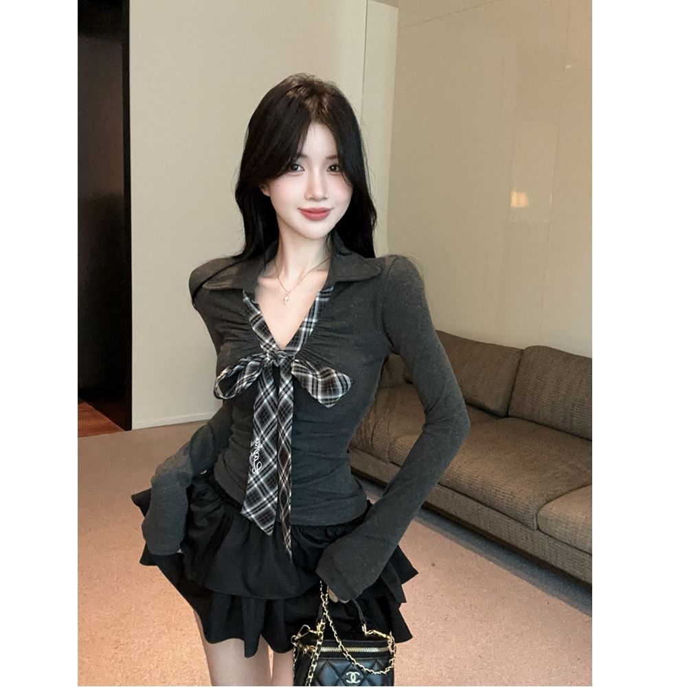 MY14816# 螺纹德绒学院风蝴蝶结格子长袖t恤纯欲v领上衣打底衫女裝貨...