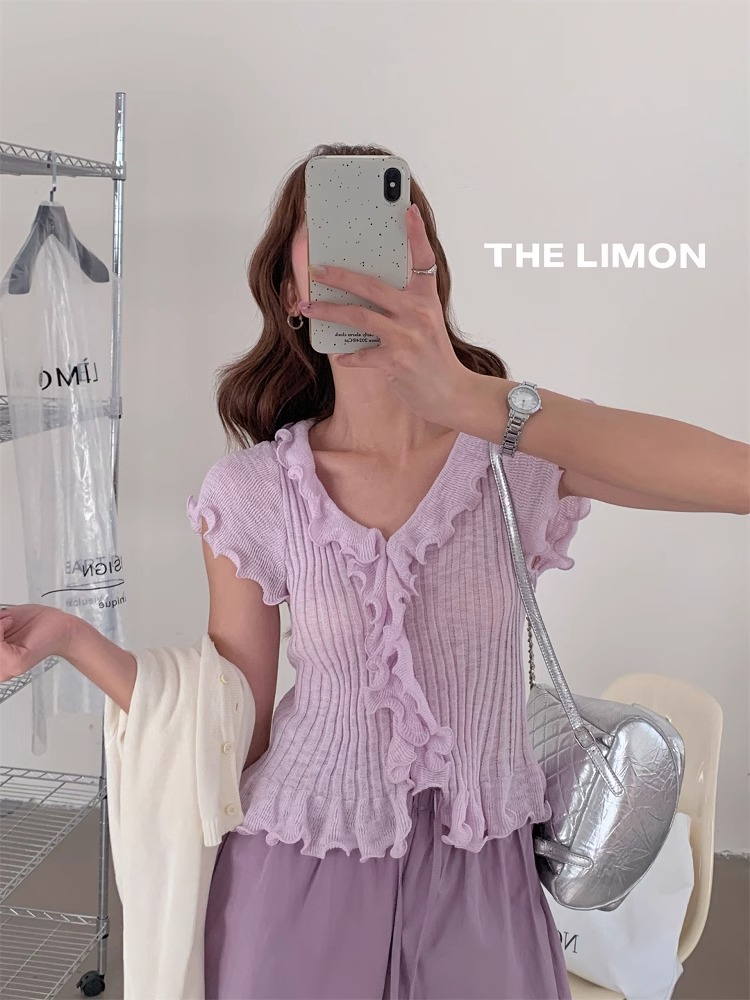THE LEMON檸檬綠茶2026夏季法式多色木耳邊小心機修身針織衫上衣