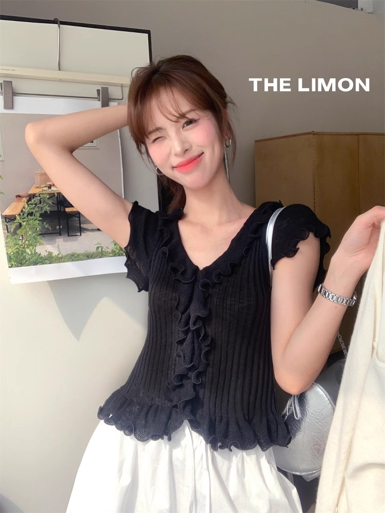 THE LEMON檸檬綠茶2026夏季法式多色木耳邊小心機修身針織衫上衣